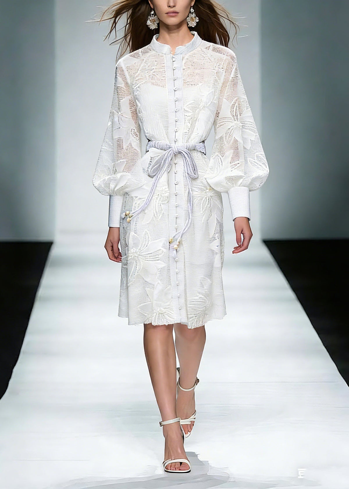 Stand Collar Floral Lace Bishop Sleeve Rope Belt Button Midi Dress