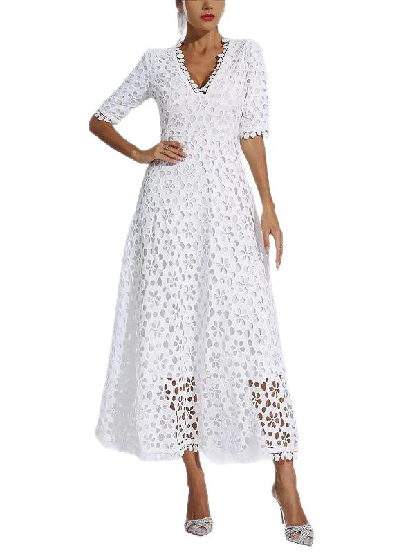 Floral Eyelet V-Neck Scalloped Trim Short Sleeve Midi Dress