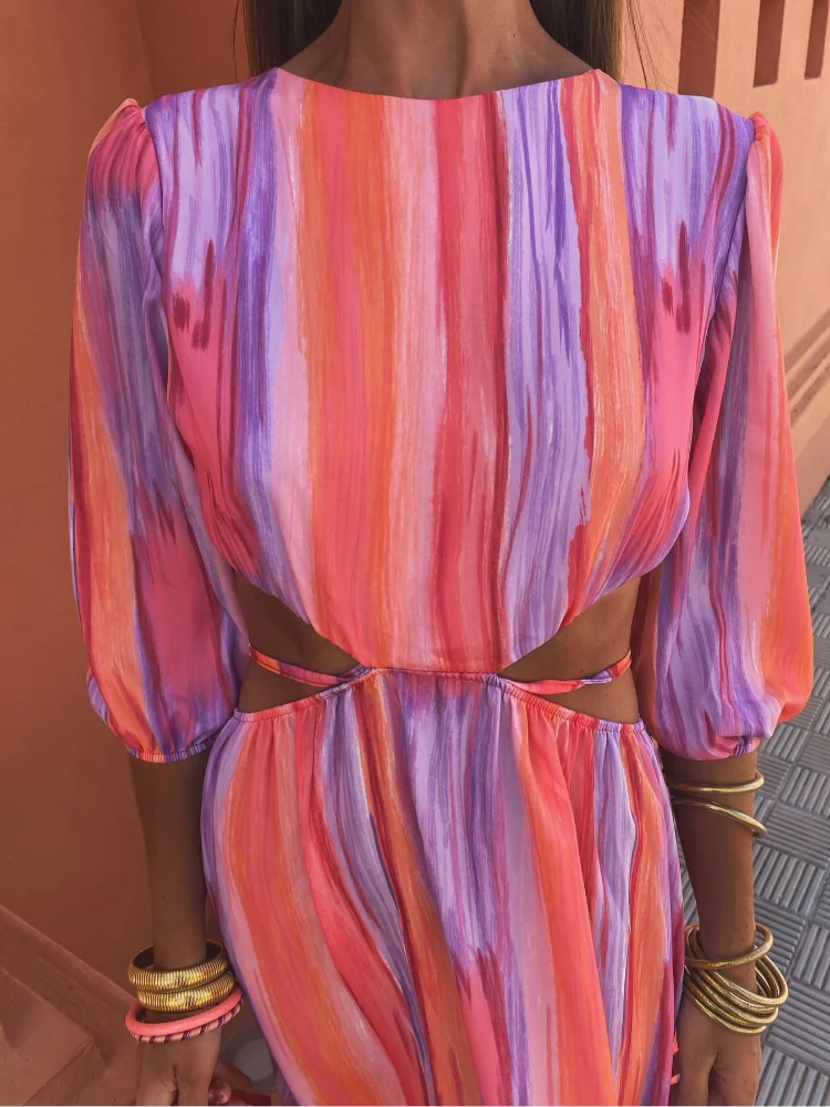 Round Neck Puff Sleeve Side Cutout Vertical Stripe Maxi Dress