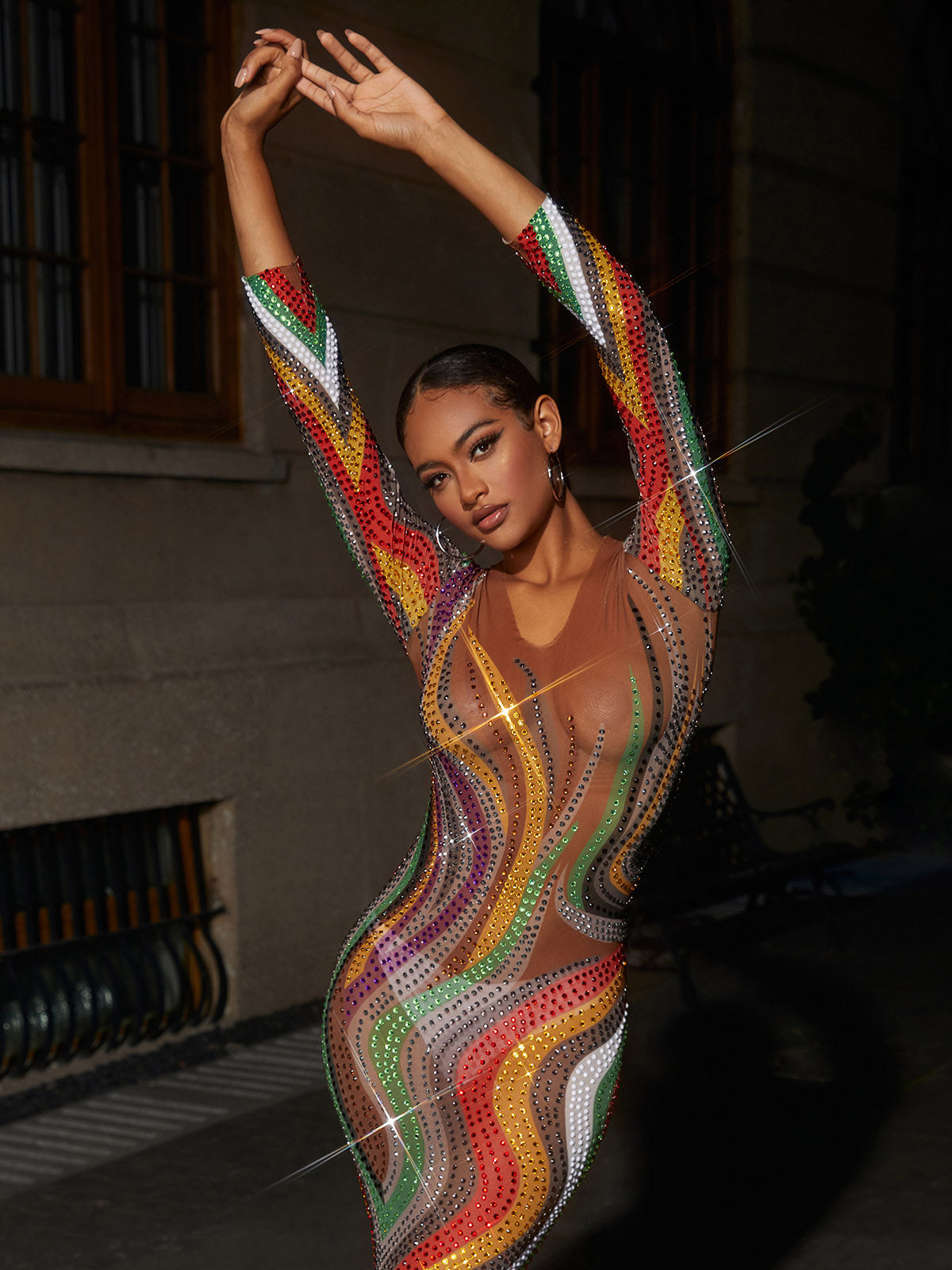 Deep V Long Sleeve Rhinestone Swirl Mesh Bodycon Midi Dress