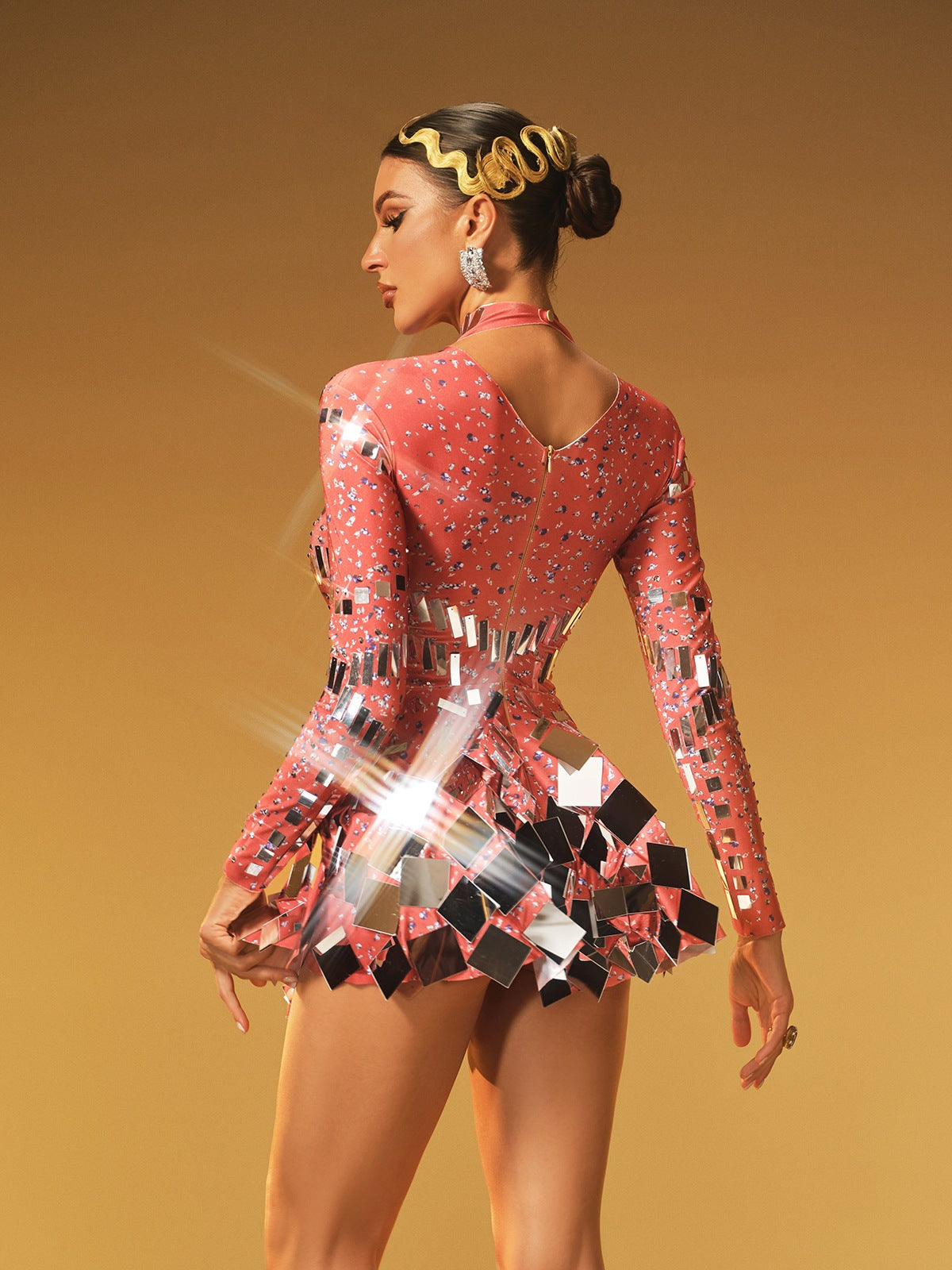 Mock Neck Illusion Sweetheart Mesh Long Sleeve Mirror Tile Flared Mini Dress