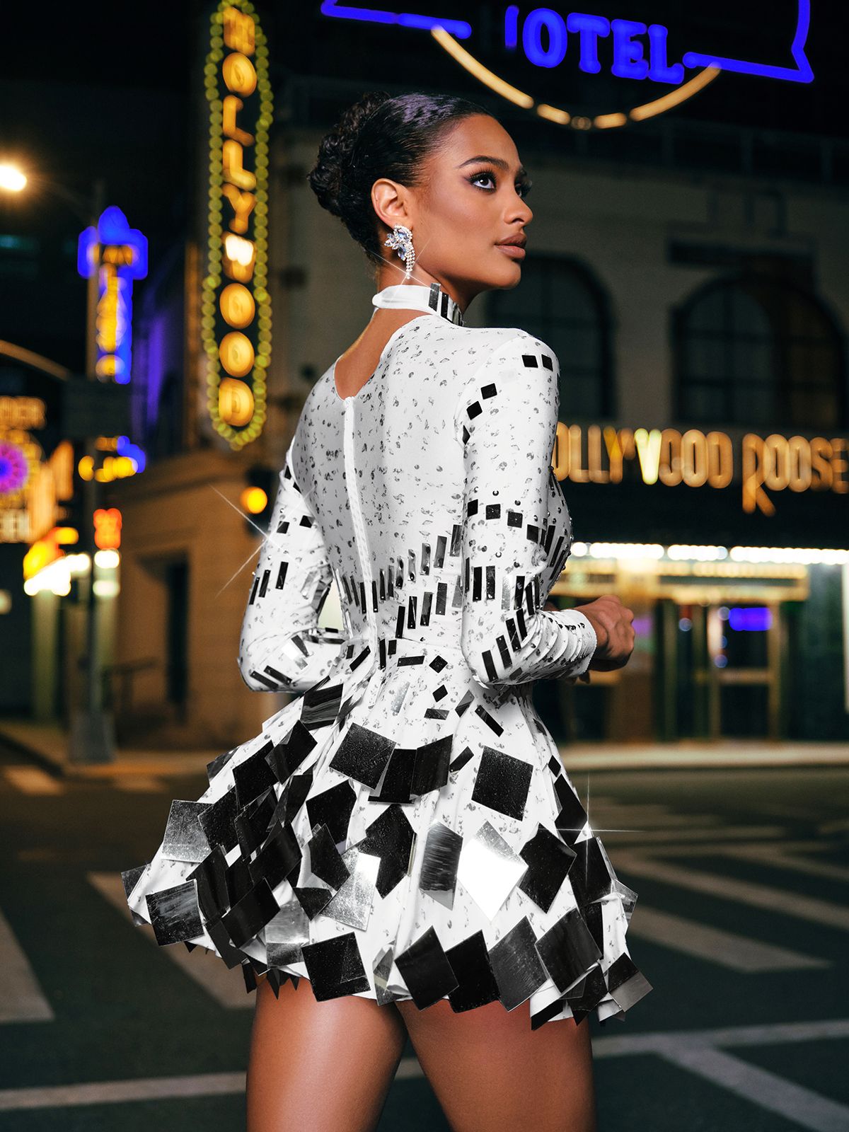 Mock Neck Long Sleeve Mirror Tile Chevron Bodice Flared Mini Dress