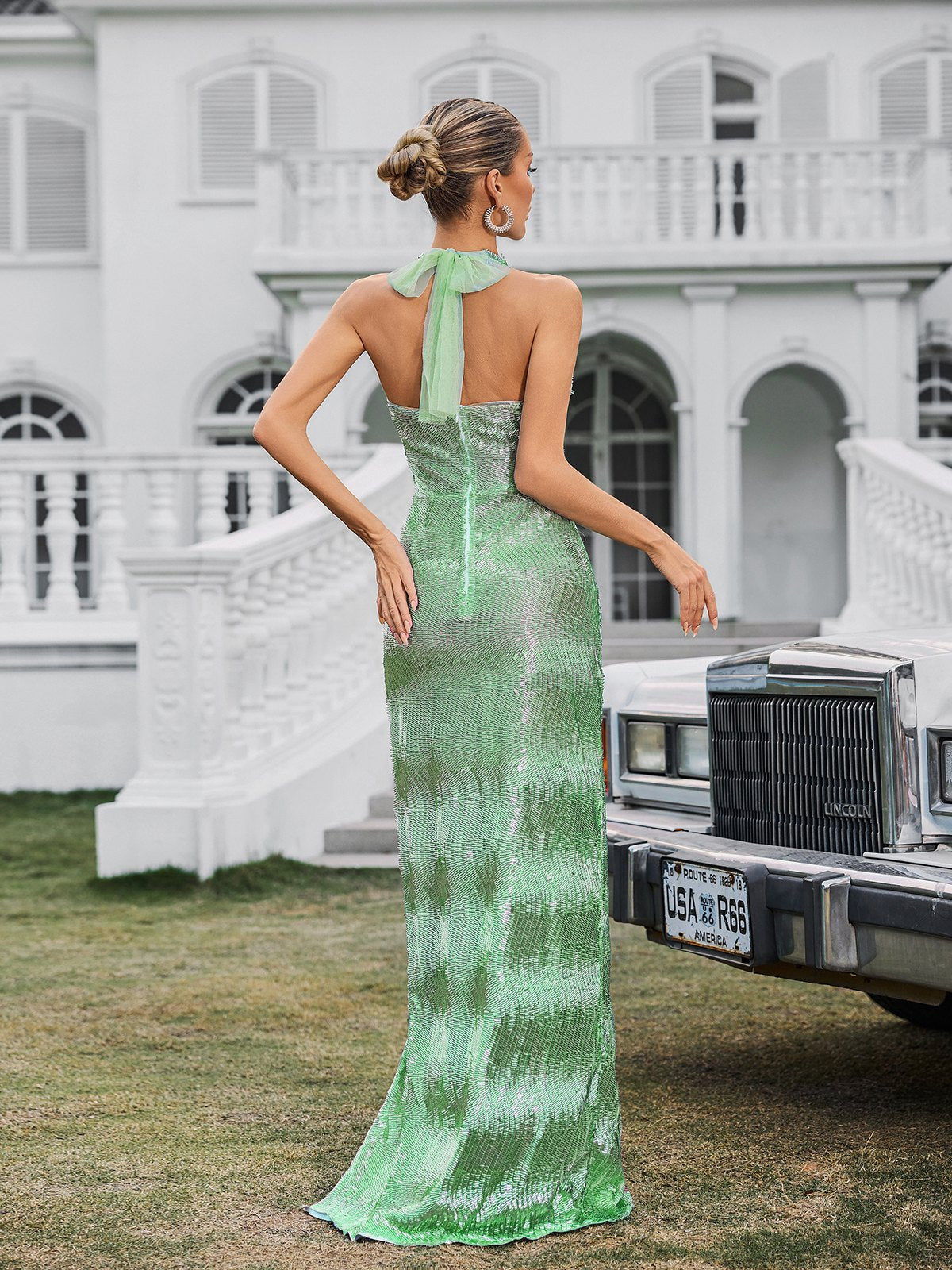 Halter Plunge Shimmer Ribbed Side Slit Maxi Dress