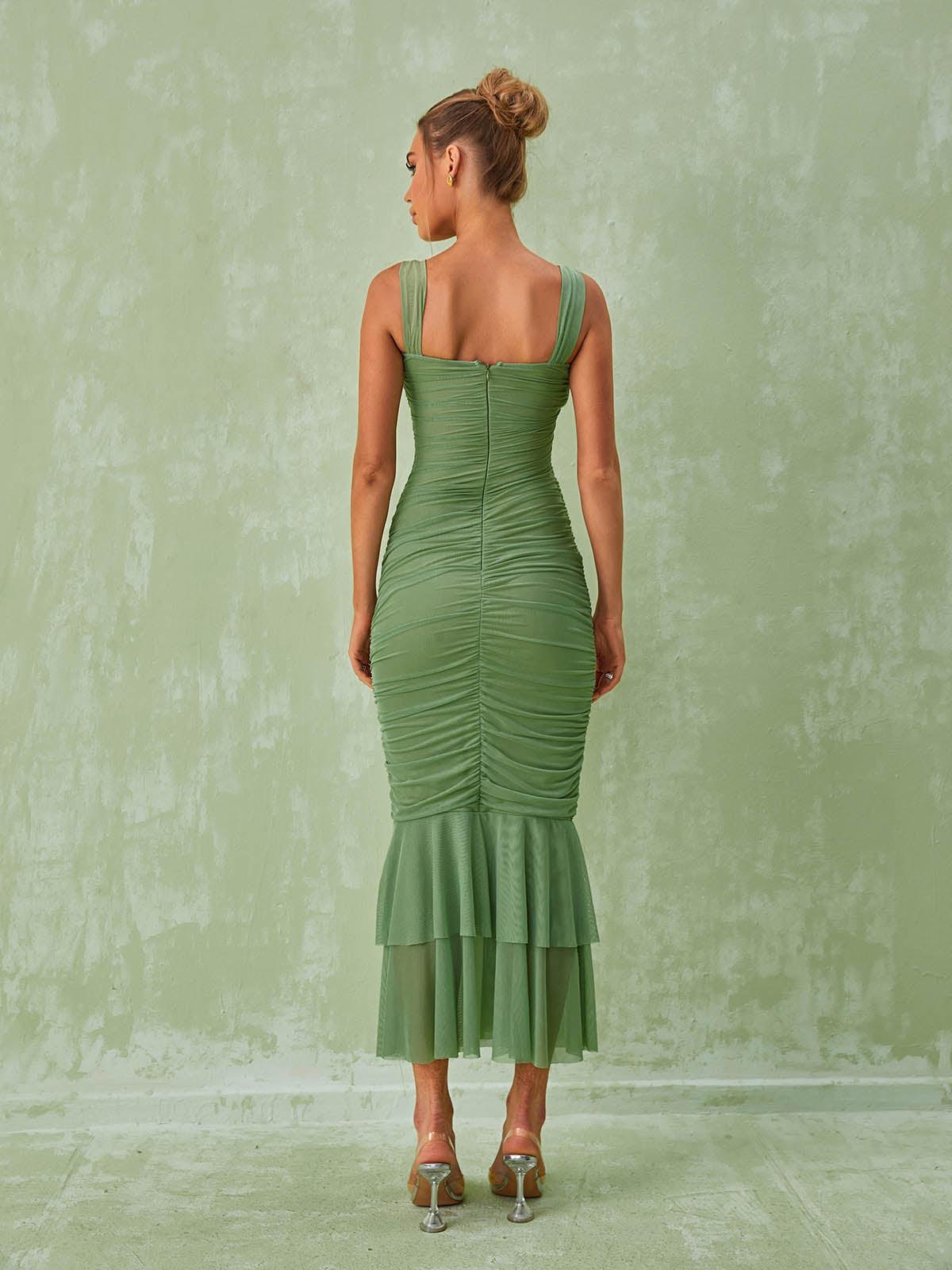 Square Neck Cutout Waist Ruched Mesh Tiered Mermaid Maxi Dress