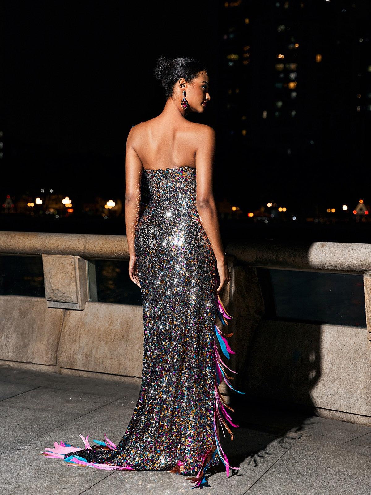 One Shoulder Sequin Diagonal Feather Trim High Slit Maxi Gown