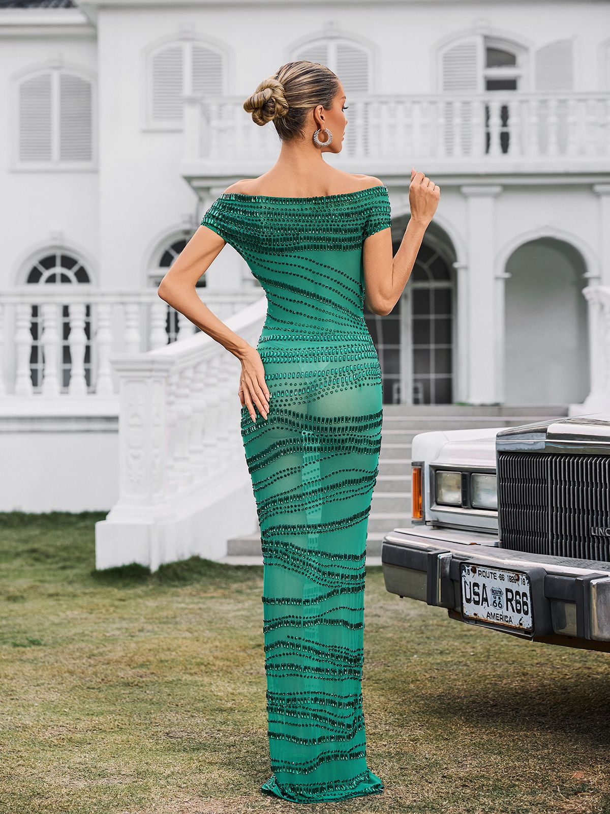 Off Shoulder One Sleeve Sequin Stripe Mesh Column Maxi Gown