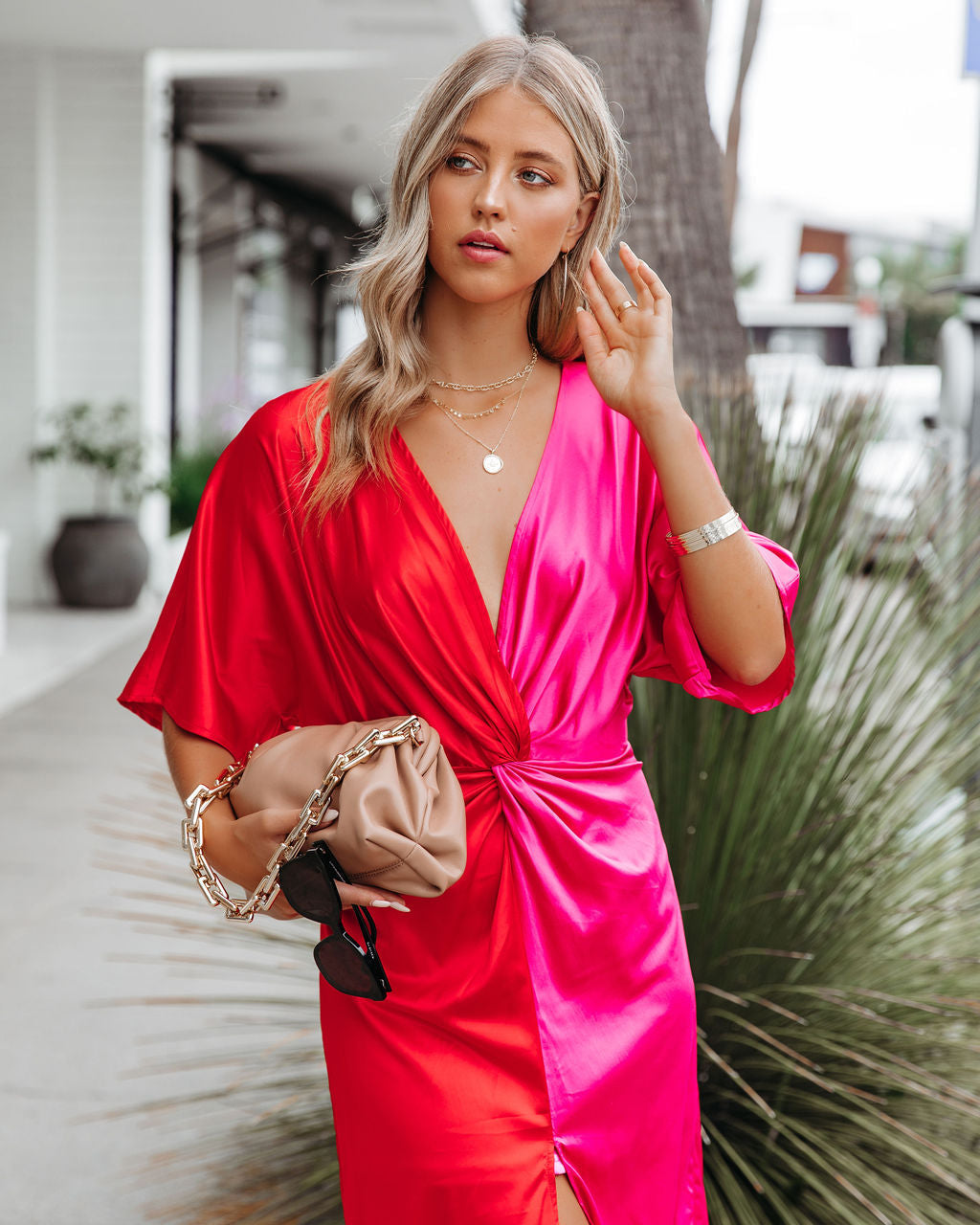 Deep V Neck Kimono Sleeve Twisted Knot Colorblock Slit Midi Dress