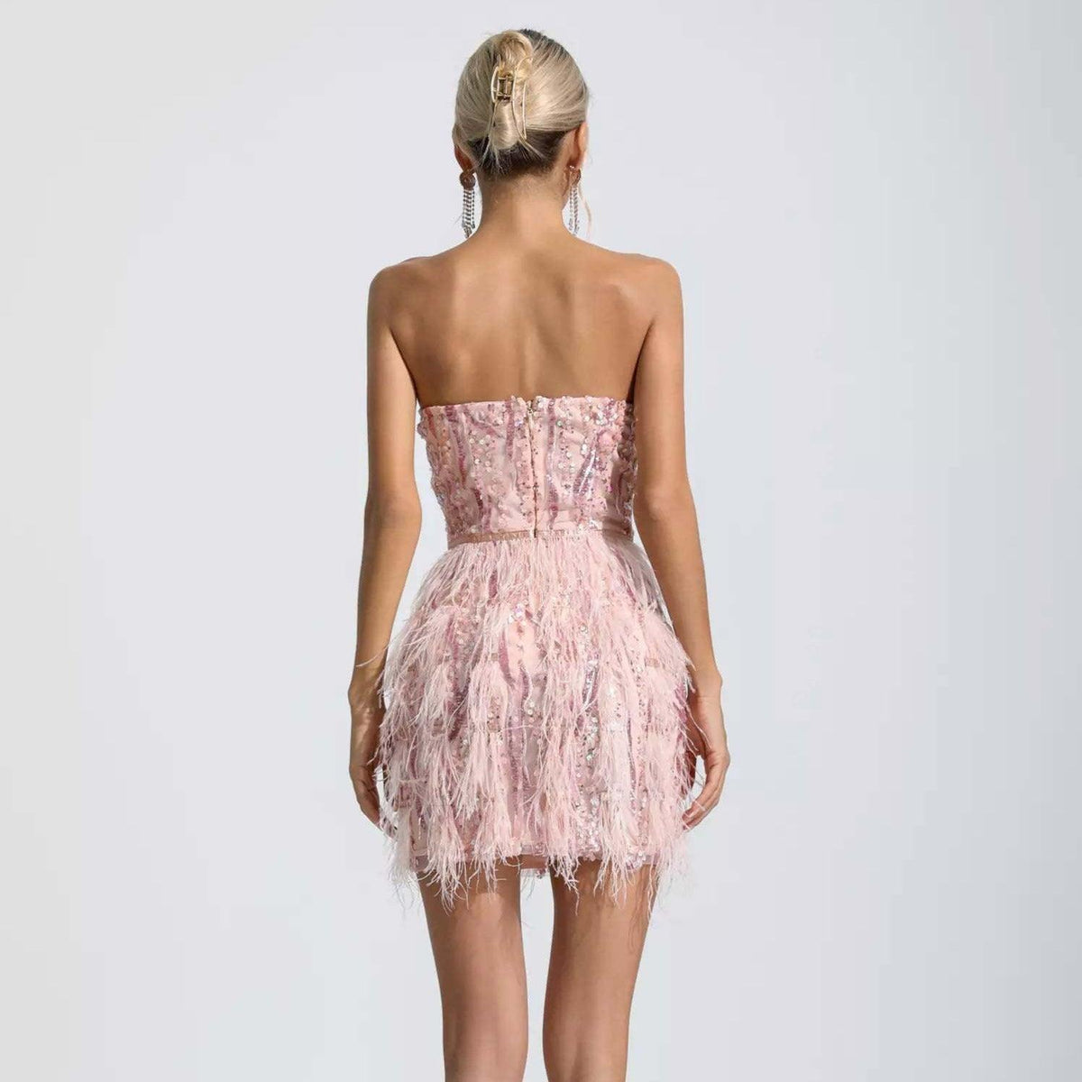 Sweetheart Sequin Feather Fringe Trim Mini Dress