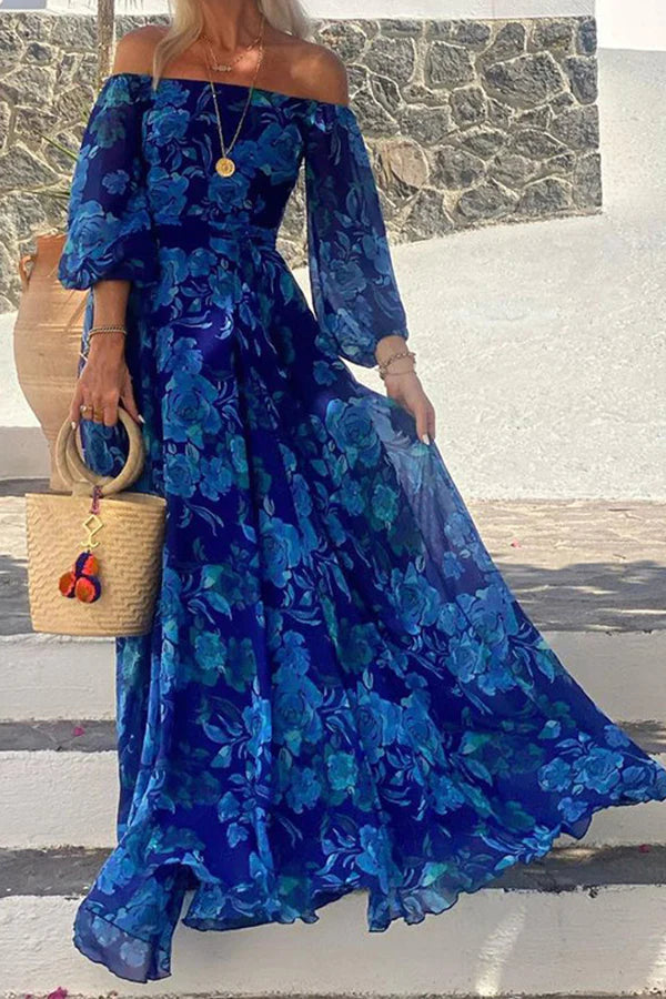 Off Shoulder Bishop Sleeve Tie Waist Large Floral Maxi Dress