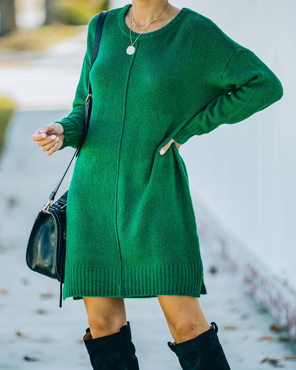 Crew Neck Center Seam Rib Trim Side Slit Knit Sweater Mini Dress