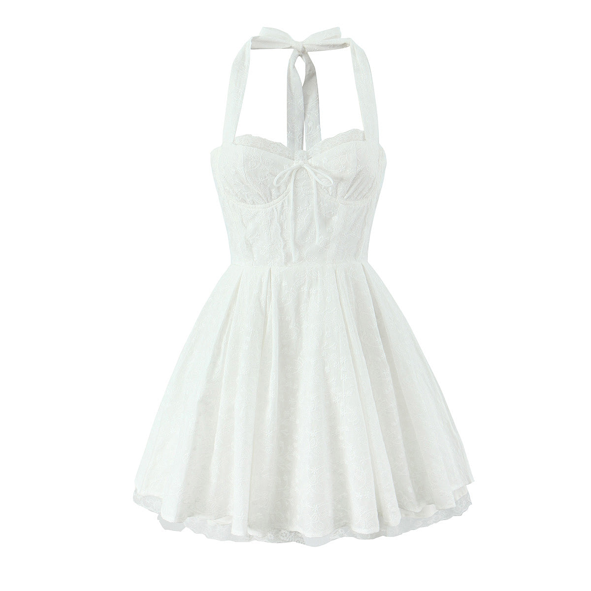 Lace Halter Neck Corset Bodice Tie Front Fit and Flare Mini Dress