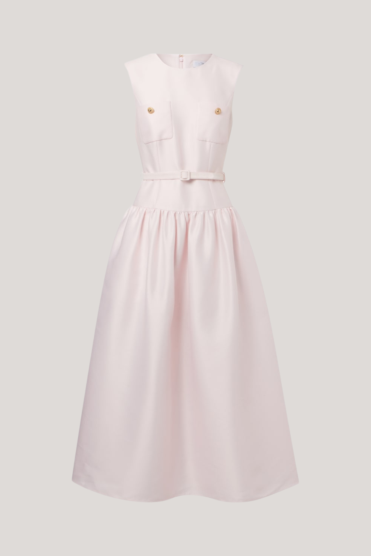 Crew Neck Button Pocket Belted Full Midi Dress