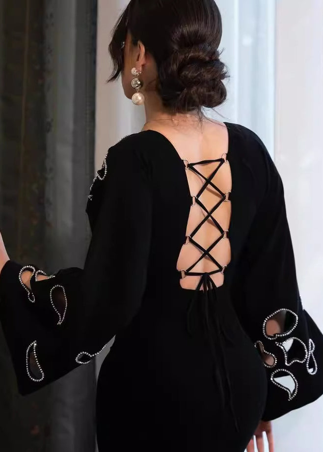 Boat Neck Rhinestone Cutout Bell Sleeve Ruffle Hem Mermaid Maxi Gown