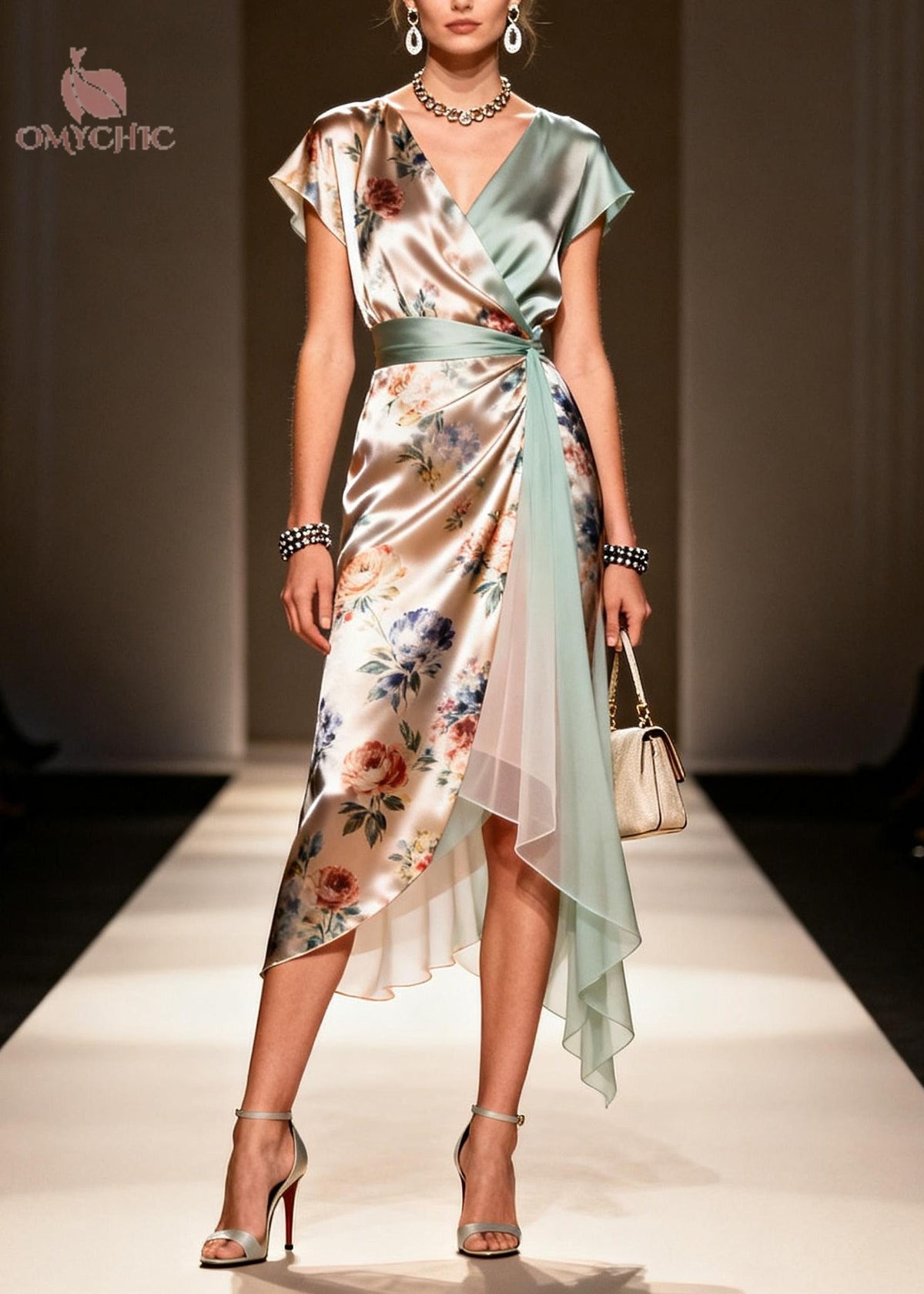 Surplice V-Neck Cap Sleeve Floral Wrap Handkerchief Hem Midi Dress