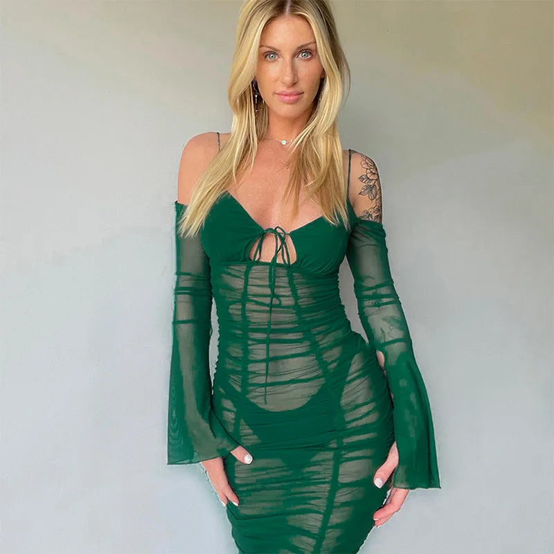 Fashion Mesh See Through Tie Front Maxi Dress