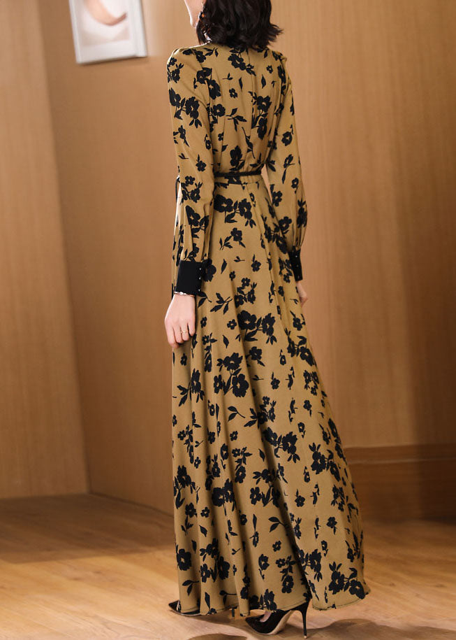 Contrast Collar Bee Embellished Floral Print Long Sleeve A-Line Maxi Dress