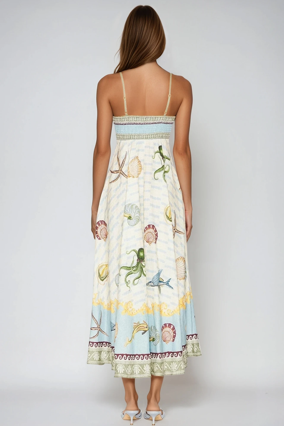 Square Neck Spaghetti Strap Sea Life Nautical Print A Line Midi Dress