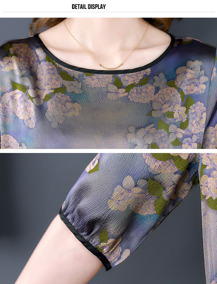 Round Neck Wavy Contrast Trim Short Sleeve Floral Print Midi Dress
