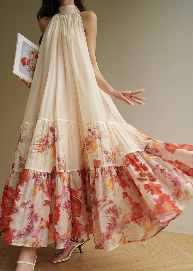 Halter Neck Tiered Pleated Floral Print Chiffon Maxi Dress