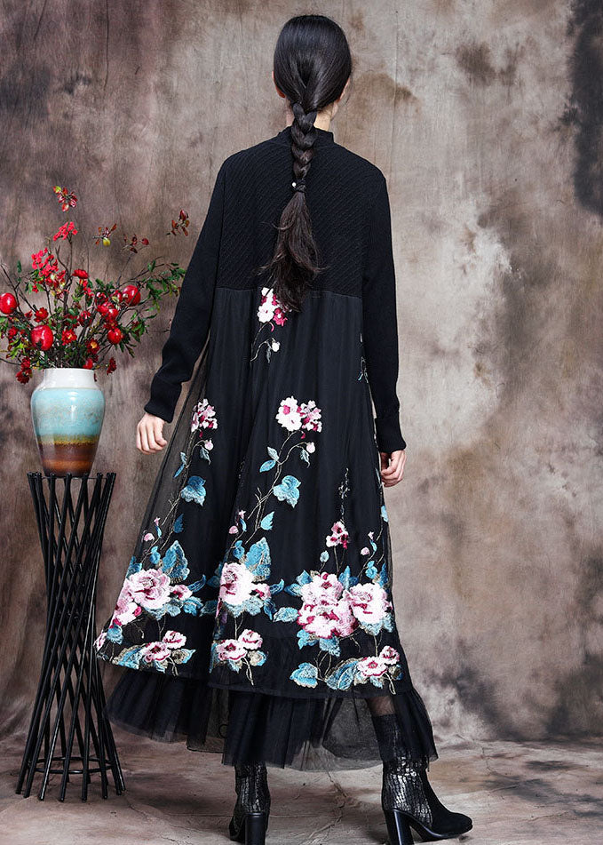 Mock Neck Floral Embroidered Sheer Mesh Overlay Knit Bodice Midi Dress