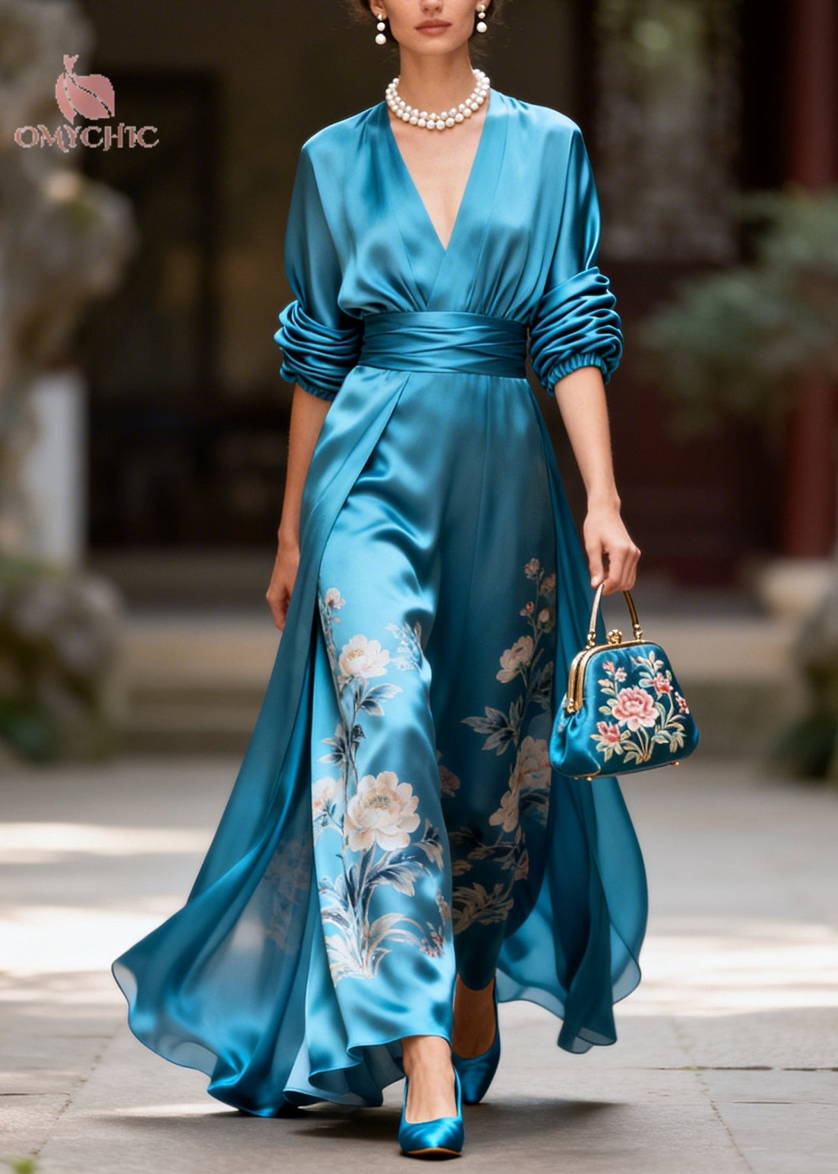 Deep V-Neck Contrast Cuff Long Sleeve Star Print Satin Maxi Dress