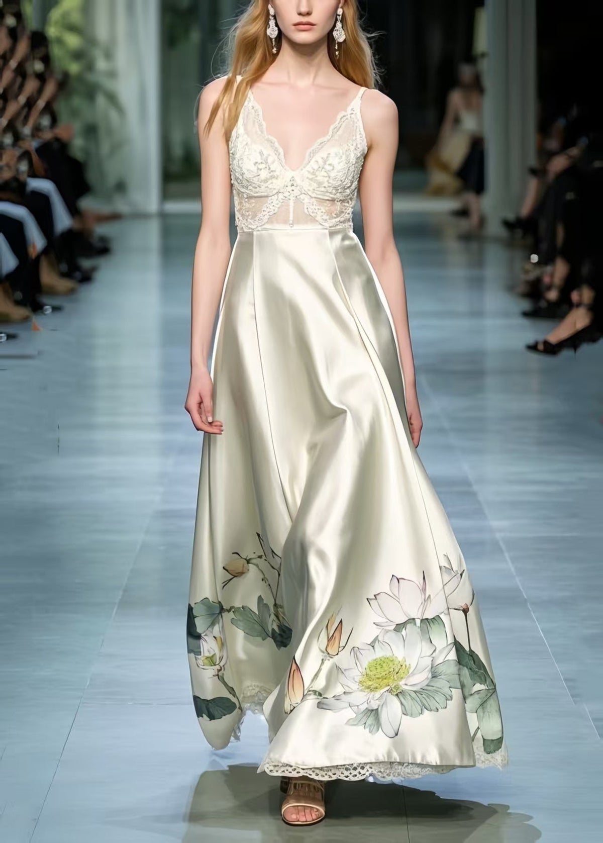 Spaghetti Strap Lace Bodice Lotus Print Satin Skirt Scalloped Hem Gown