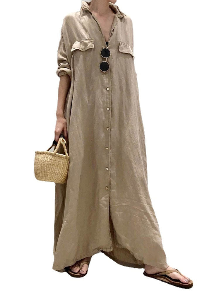 Pointed Collar Button Down Flap Pocket Rolled Sleeve Shirt Maxi Dress