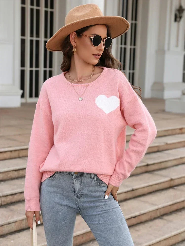 Fitshinling Heart Basic Autumn Winter Long Sleeve Cozy Green Sweater