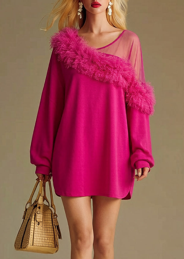 Asymmetric Neck Mesh Panel Faux Fur Trim Sweatshirt Mini Dress