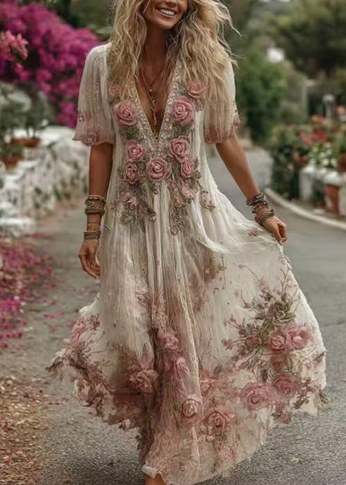 Deep V-Neck Flutter Sleeve 3D Rosette Embroidered Tiered Maxi Dress