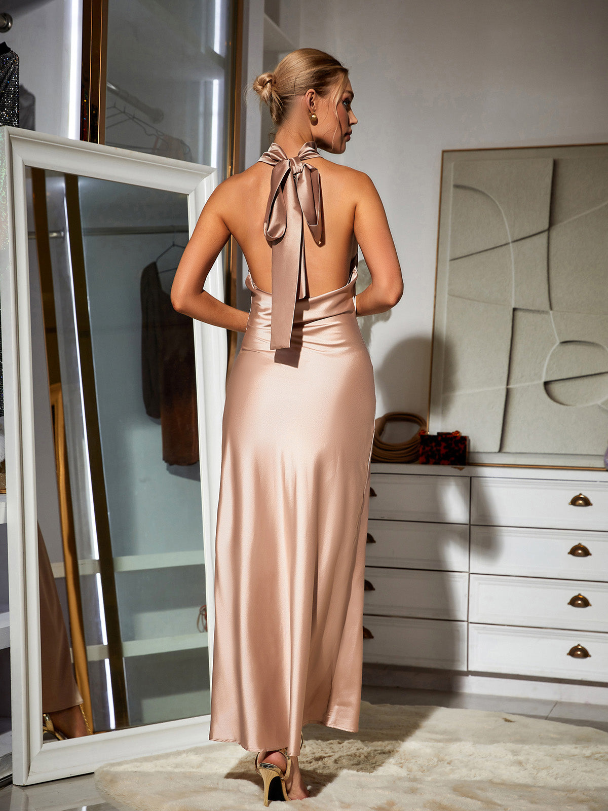 Halter Neck Open Back Oversized Bow Satin Maxi Dress