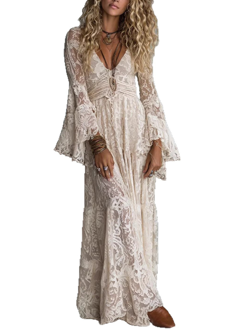 Deep V-Neck Gathered Waist Flared Bell Cuff Lace Floor-Length Dress