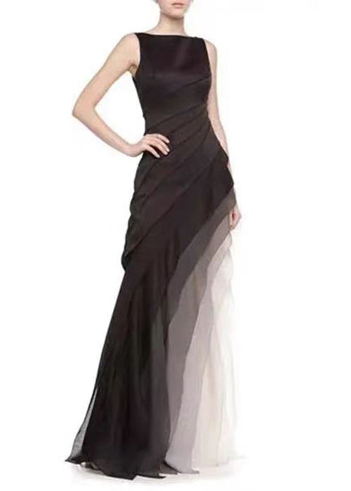 Sleeveless Boat Neck Diagonal Tiered Ombre Tulle Maxi Gown