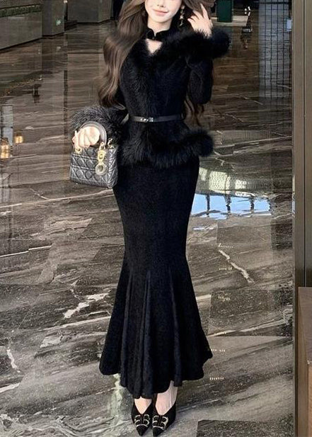 Stand Collar Lace Back Mermaid Hem Fur Trim Bolero Maxi Gown