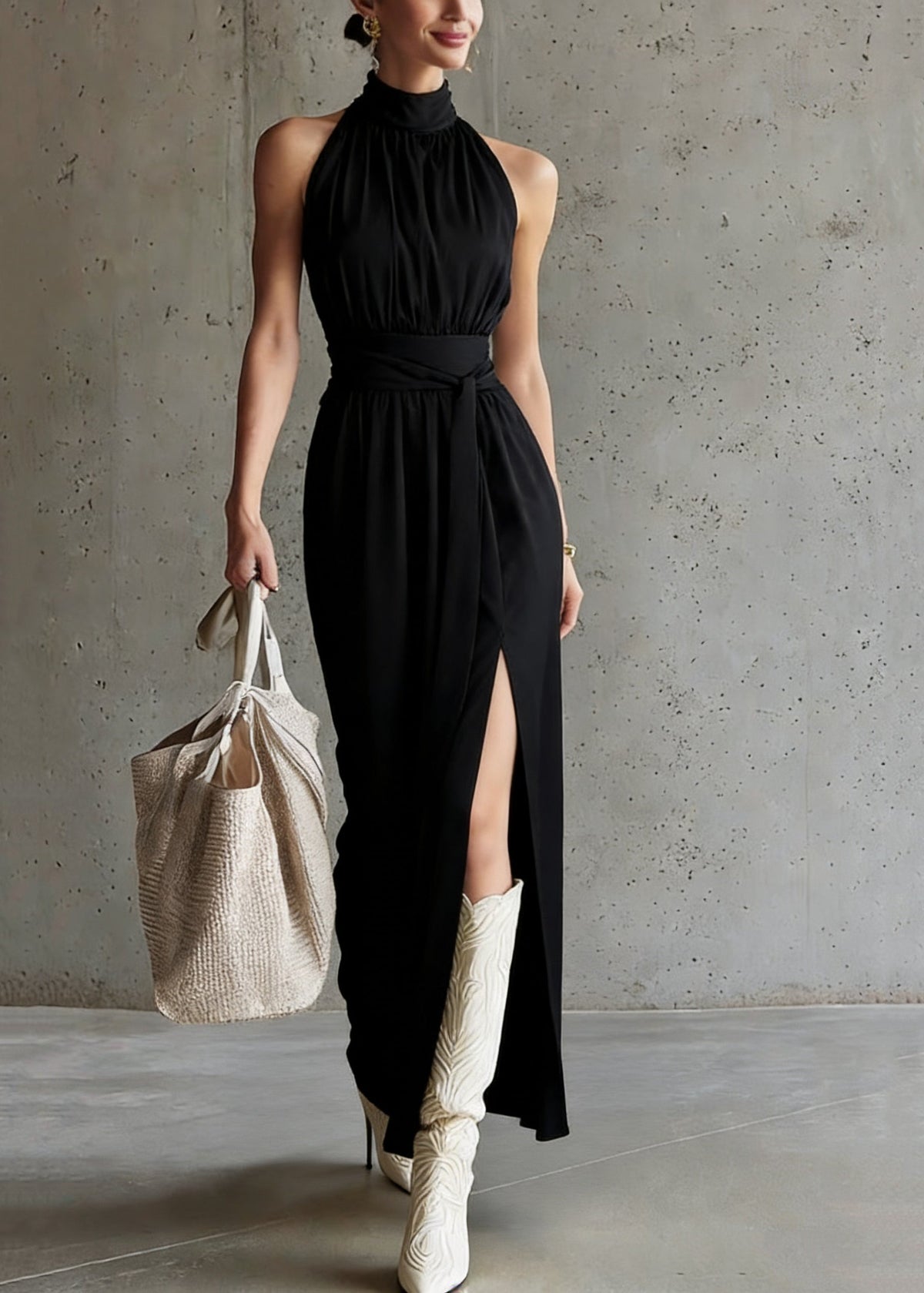 Halter Mock Neck Tie Waist Side Slit Jersey Maxi Dress