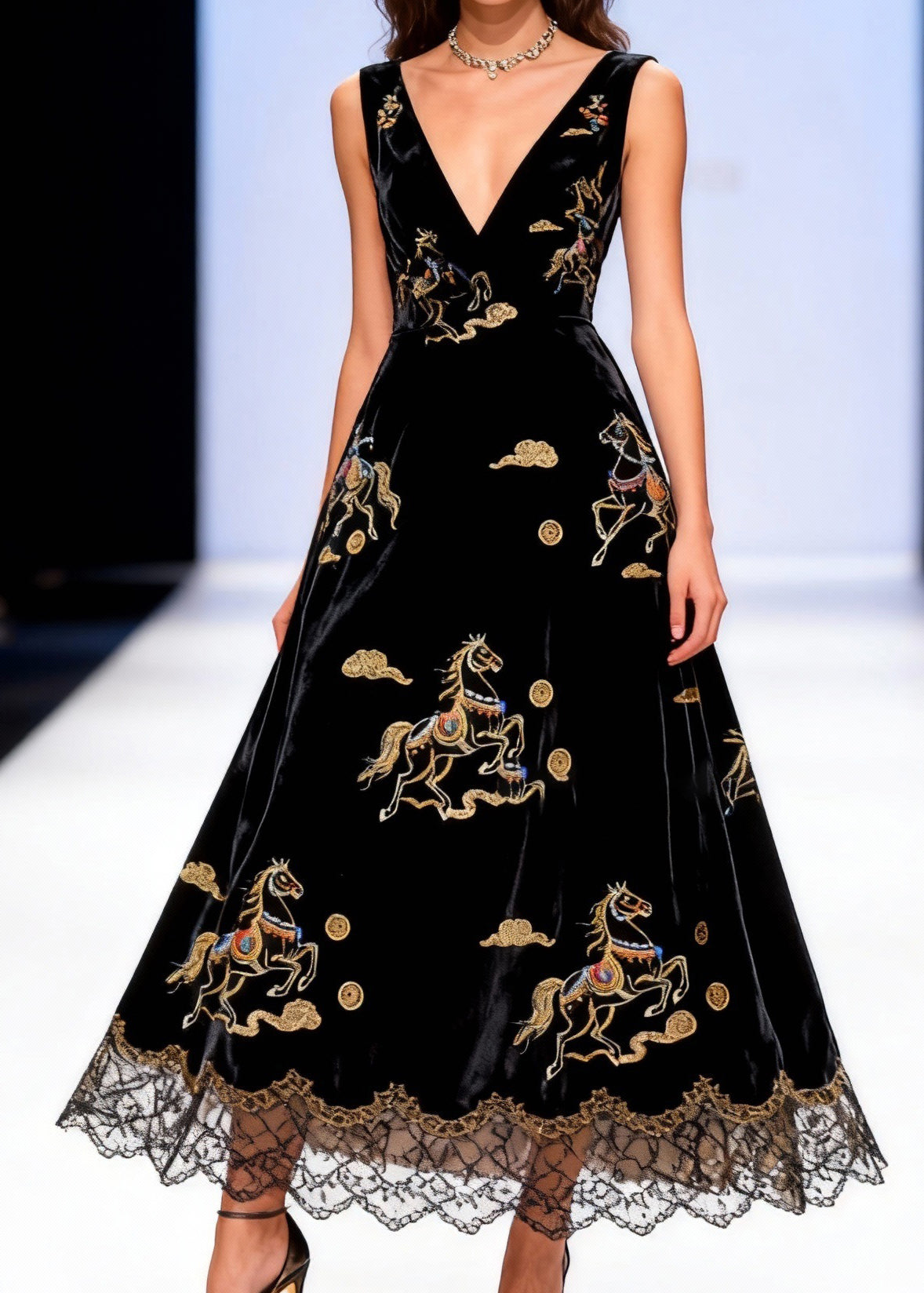 Deep V Neck Horse Embroidery Velvet Lace Hem Sleeveless Maxi Dress