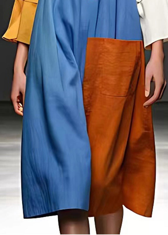 Round Neck Half Placket Colorblock Bell Sleeve Patch Pocket Dress