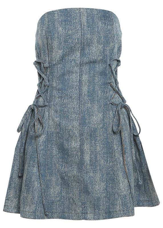 Strapless Lace Up Side Corset Fit Flare Denim Mini Dress