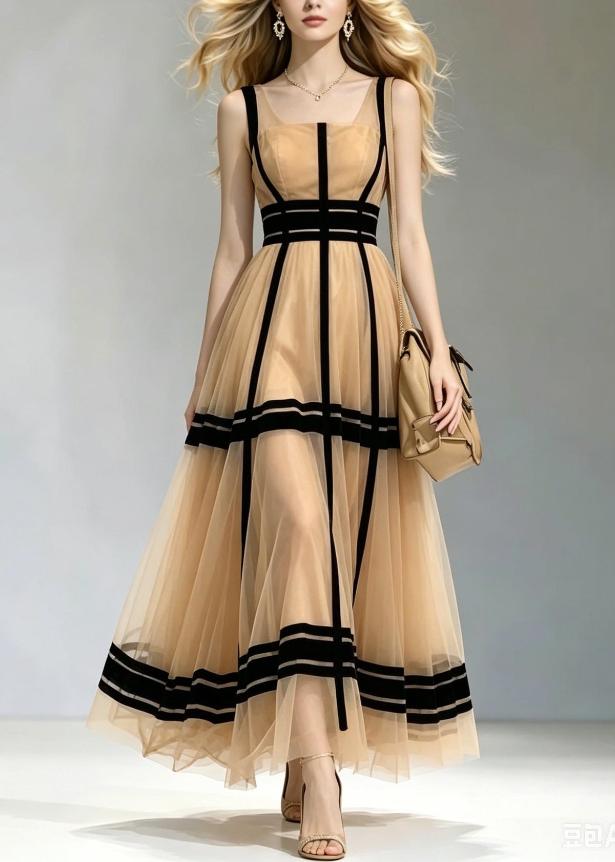 Square Neck Contrast Paneled Sheer Tulle Pleated Floor-Length Gown