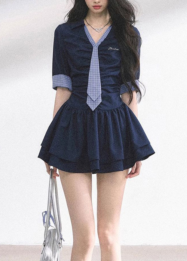 Plaid Collar Tie Front Ruched Bodice Pleated Tier Mini Dress