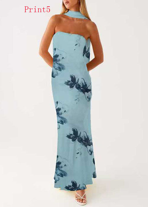 Floral Watercolor Print Strapless Neck Scarf Band Maxi Dress