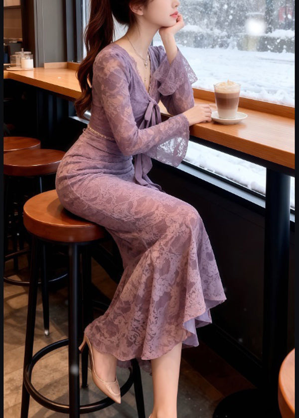Deep V-Neck Bow Front Ruched Bell Cuff Lace Mermaid Gown