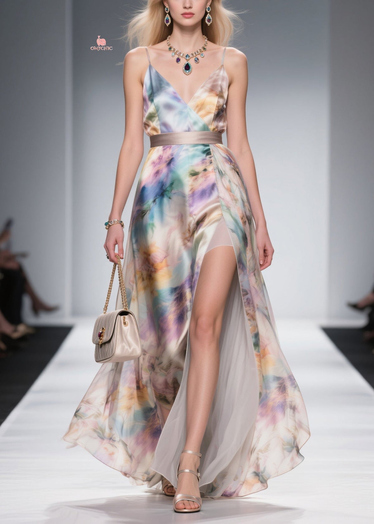Spaghetti Strap Watercolor Print Side Slit Pleated Underlayer Maxi Dress