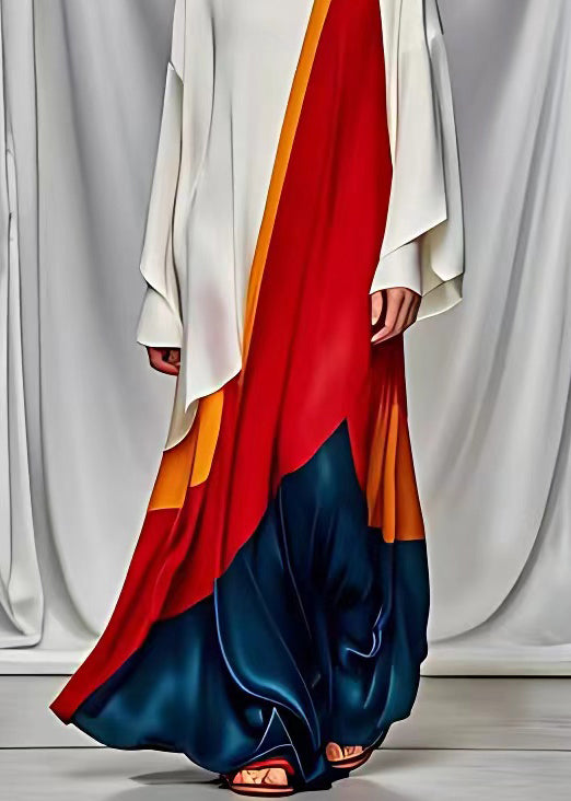 Round Neck Draped Wide Sleeve Abstract Colorblock Floor-Length Gown