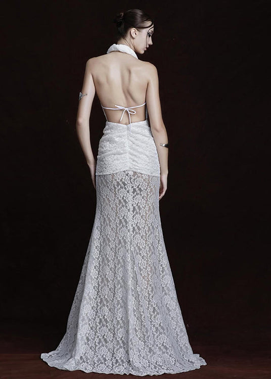 Halter Plunge V-Neck Floral Lace Knot Waist Thigh Slit Maxi Gown