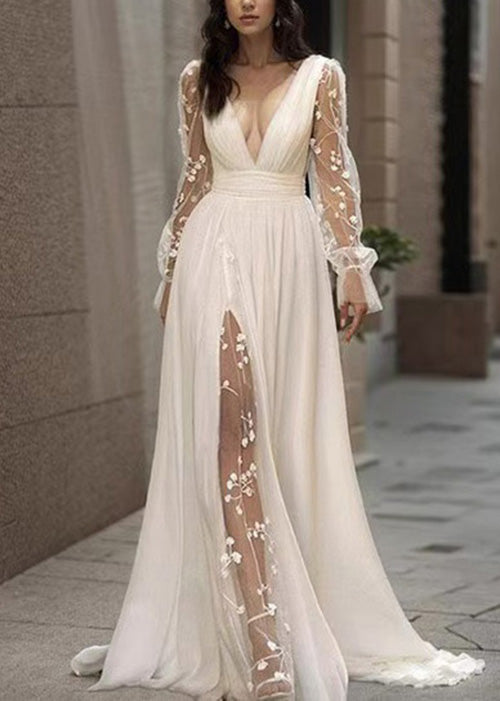 Deep V-Neck Floral Embroidery Mesh Sleeve Band Waist Slit Chiffon Maxi Gown