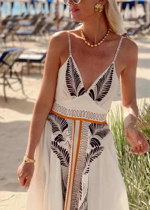 Deep V-Neck Spaghetti Strap Zigzag Waist Band Symmetrical Print Maxi Dress