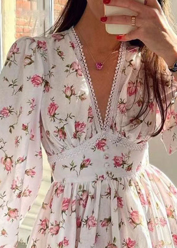 V-Neck Lace Trim Puff Sleeve Button Waistband Floral Mini Dress