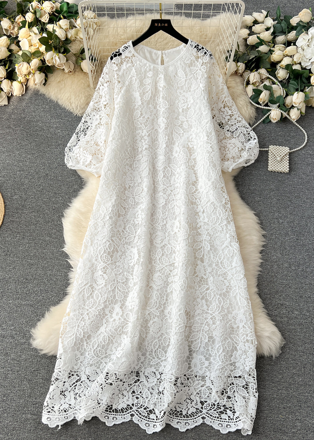 Round Neck Puff Sleeve Floral Lace Scalloped Hem Midi Dress