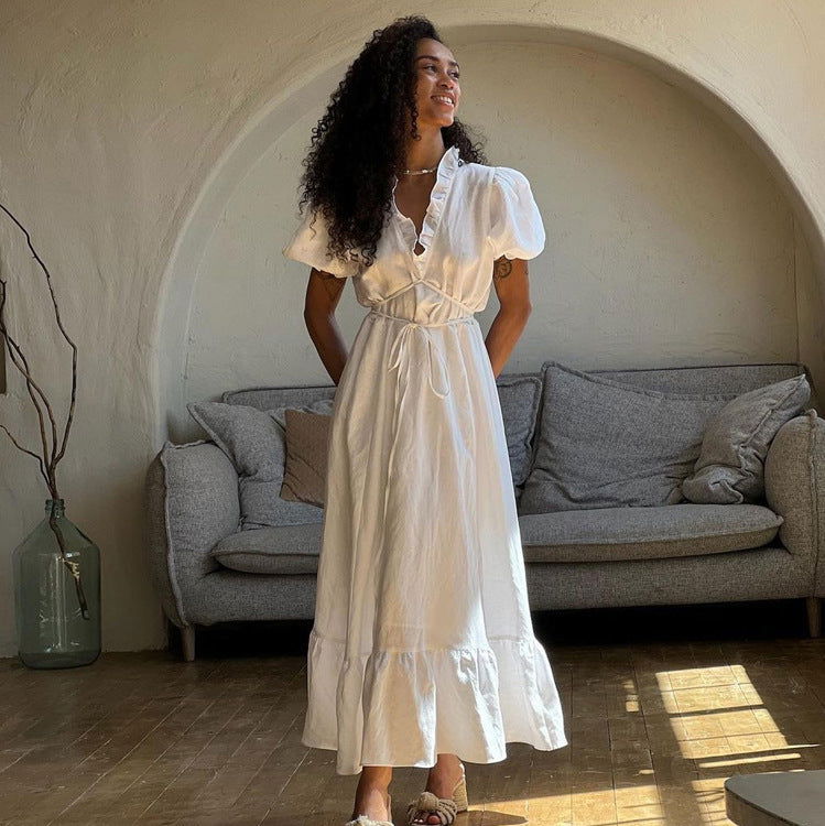 V-Neck Puff Sleeve Tie Waist Tiered Ruffle Wrap Maxi Dress